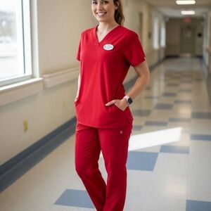 2PC Natural Uniforms Red Unisex Scrubs Set L 65% Polyester 35% Cotton Medical